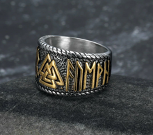 Cargar imagen en el visor de la galería, Beowulf Regalia Handcrafted Stainless Steel Dual Color Valknut And Rune Ring