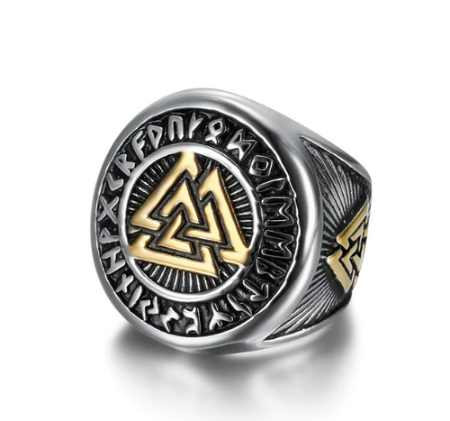 Beowulf Regalia Handcrafted Stainless Steel Dual Color Valknut And Runes Ring