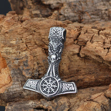 Carica l&#39;immagine nel visualizzatore di Gallery, Beowulf Regalia Handcrafted Stainless Steel Mjolnir With Skull And Helm Of Awe