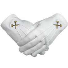 Load image into Gallery viewer, Masonic Crossed Trowels Machine Embroidery White Cotton Gloves (2 Pairs)