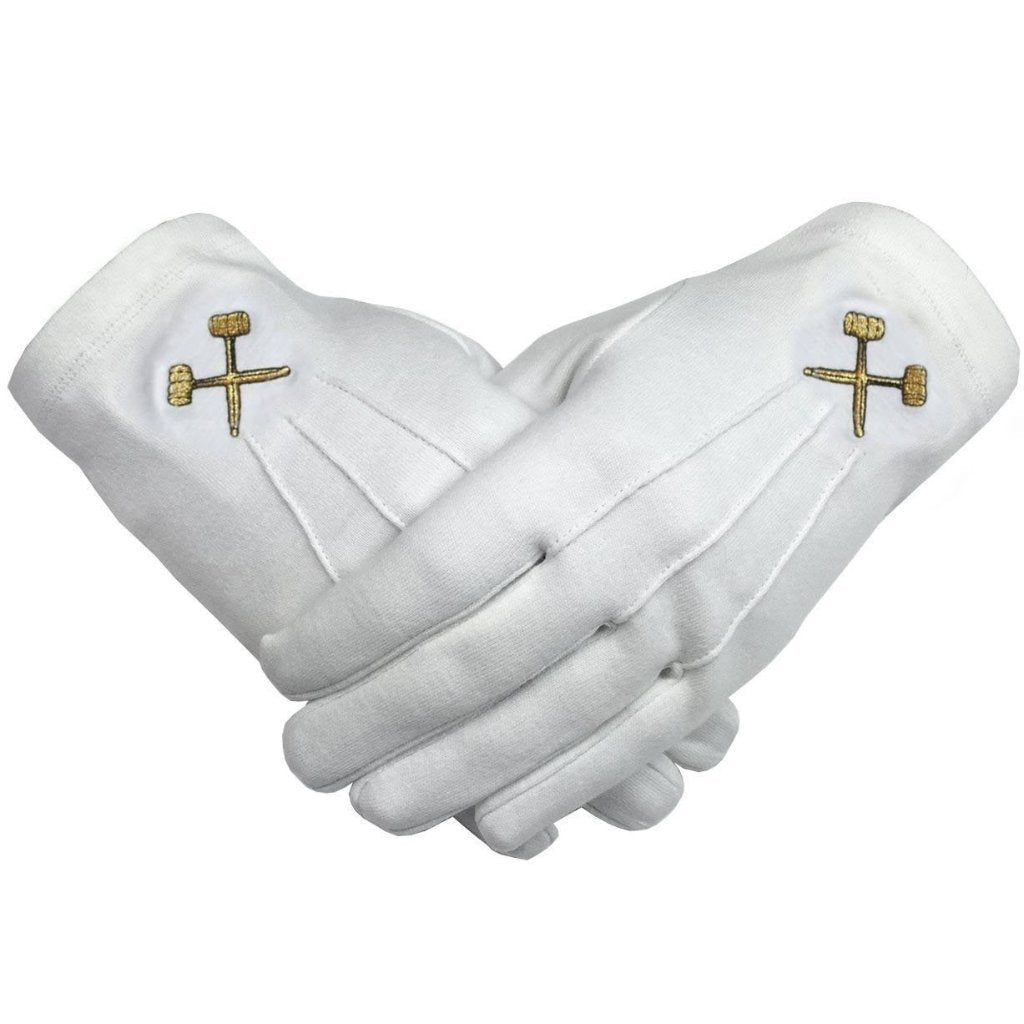 Masonic Crossed Trowels Machine Embroidery White Cotton Gloves (2 Pairs) | Regalia Lodge