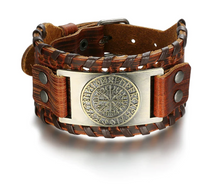 Load image into Gallery viewer, Beowulf Regalia Leather Buckle Arm Cuff With Metal Vegvisir Design