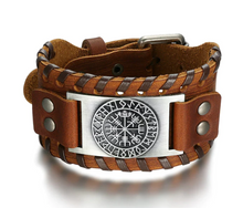Load image into Gallery viewer, Beowulf Regalia Leather Buckle Arm Cuff With Metal Vegvisir Design