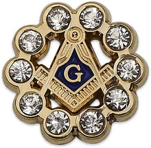 Load image into Gallery viewer, Square &amp; Compass with Rhinestones Round Masonic Lapel Pin