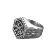 Cargar imagen en el visor de la galería, Beowulf Regalia Handcrafted Stainless Steel Hexagonal Vegvisir &amp; Valknut Rune Ring
