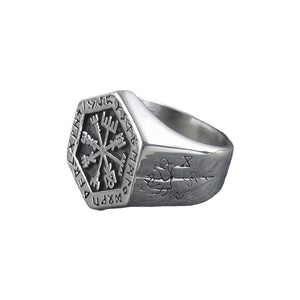 Beowulf Regalia Handcrafted Stainless Steel Hexagonal Vegvisir & Valknut Rune Ring