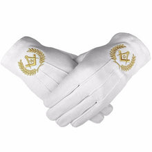 Charger l&#39;image dans la galerie, Masonic Cotton Gloves with Machine Embroidery Square Compass and G Gold (2 Pairs)