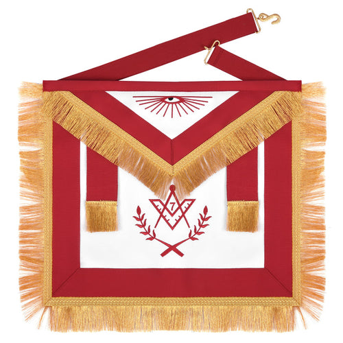 Master Mason Blue Lodge Apron - Red Ribbon Golden Bullion With Wreath & Fringe