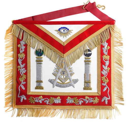 Past Master Blue Lodge California Regulation Apron - Red & Gold Hand Embroidery Bullion With Pillars