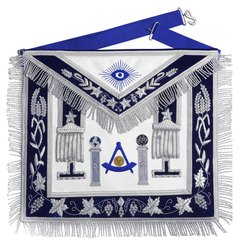 Past Master Blue Lodge California Regulation Apron - Blue & Silver Hand Embroidery Bullion With Pillars | Regalia Lodge