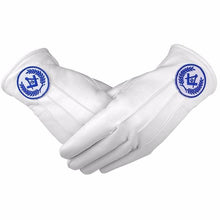 Carica l&#39;immagine nel visualizzatore di Gallery, Masonic Regalia White Soft Leather Gloves Square Compass &amp; G Blue