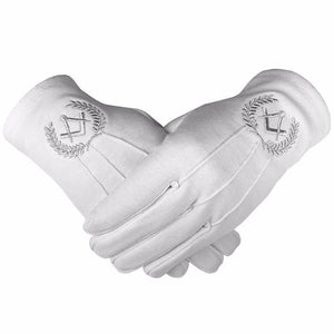 Masonic Cotton Gloves with Machine Embroidery Square Compass Silver (2 Pairs)