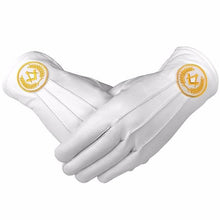 Carica l&#39;immagine nel visualizzatore di Gallery, Masonic Regalia White Soft Leather Gloves Square Compass Yellow