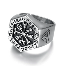Load image into Gallery viewer, Beowulf Regalia Handcrafted Stainless Steel Hexagonal Vegvisir &amp; Valknut Rune Ring