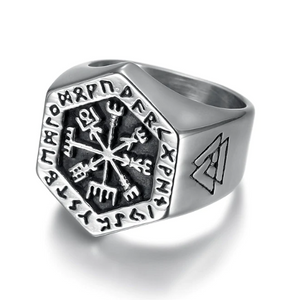 Beowulf Regalia Handcrafted Stainless Steel Hexagonal Vegvisir & Valknut Rune Ring