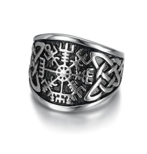 Beowulf Regalia Handcrafted Stainless Steel Vegvisir And Celtic Knot Ring