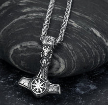 Carica l&#39;immagine nel visualizzatore di Gallery, Beowulf Regalia Handcrafted Stainless Steel Mjolnir With Skull And Helm Of Awe