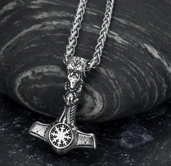 Beowulf Regalia Handcrafted Stainless Steel Mjolnir With Skull And Helm Of Awe