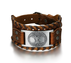 Beowulf Regalia Leather Buckle Arm Cuff With Metal Tree Of Life