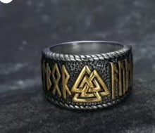 Charger l&#39;image dans la galerie, Beowulf Regalia Handcrafted Stainless Steel Dual Color Valknut And Rune Ring