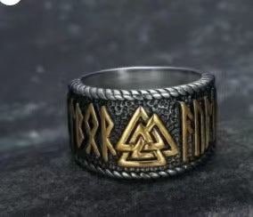 Beowulf Regalia Handcrafted Stainless Steel Dual Color Valknut And Rune Ring