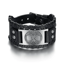 Load image into Gallery viewer, Beowulf Regalia Leather Buckle Arm Cuff With Metal Tree Of Life