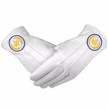 Carica l&#39;immagine nel visualizzatore di Gallery, Masonic White Soft Leather Gloves Square Compass &amp; G Yellow Blue