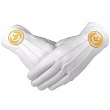 Carica l&#39;immagine nel visualizzatore di Gallery, Masonic Regalia White Soft Leather Gloves Square Compass &amp; G Yellow