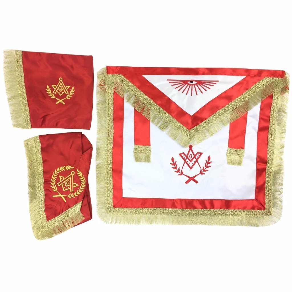 Master Mason Satin Apron, Collar gauntlets Set with Fringe Red