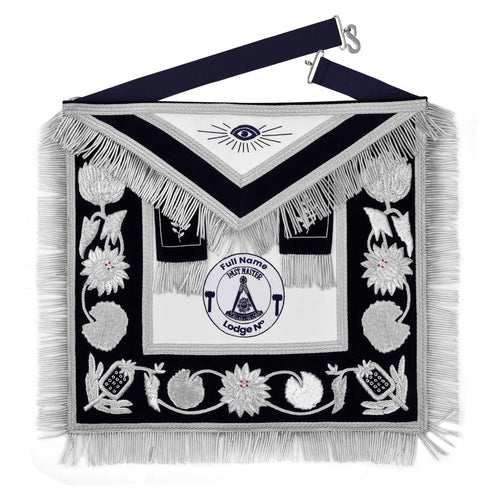 Past Master Blue Lodge Apron - Customizable Hand Embroidery Silver Bullion With Blue Velvet | Regalia Lodge