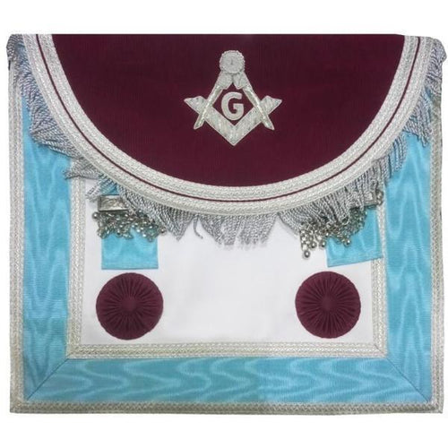 Scottish Master Mason Handmade Silver Embroidery Apron with Rosettes - Brown and Blue