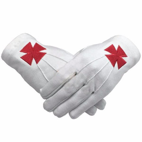 Masonic Knight Templar Red Nordic Cross White Cotton Machine Embroidery Glove (2 Pairs) | Regalia Lodge