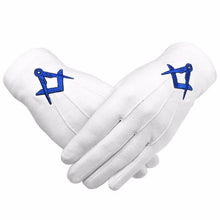 Charger l&#39;image dans la galerie, Masonic Cotton Gloves Blue Square and Compass Machine Embroidery (2 Pairs)