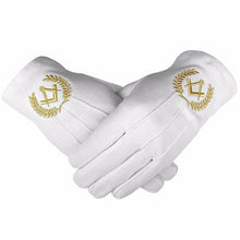 Load image into Gallery viewer, Masonic Cotton Gloves with Machine Embroidery Square Compass Gold (2 Pairs)