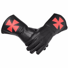 Carica l&#39;immagine nel visualizzatore di Gallery, Masonic Regalia Knight Templar Black Gauntlets Red Cross Soft Leather Gloves