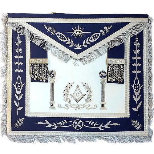 Navy Blue Apron Master Mason Square G & Pillars Freemasons Silver Fringe | Regalia Lodge