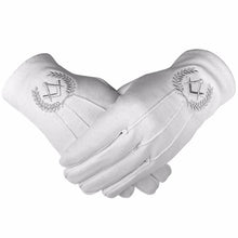 Load image into Gallery viewer, Masonic Cotton Gloves with Machine Embroidery Square Compass Silver (2 Pairs) | Regalia Lodge
