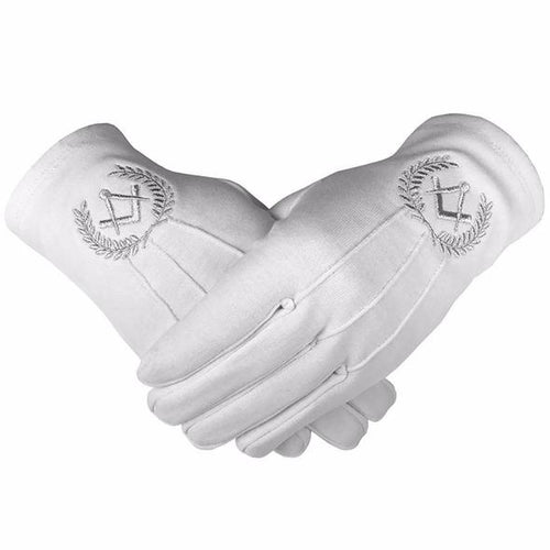 Masonic Cotton Gloves with Machine Embroidery Square Compass Silver (2 Pairs) | Regalia Lodge