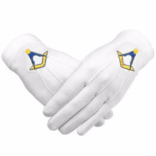 Load image into Gallery viewer, Masonic Cotton Gloves Machine Embroidery Yellow Square and Compass (2 Pairs) | Regalia Lodge