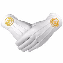 Afbeelding in Gallery-weergave laden, Masonic Regalia White Soft Leather Gloves Square Compass &amp; G Yellow | Regalia Lodge