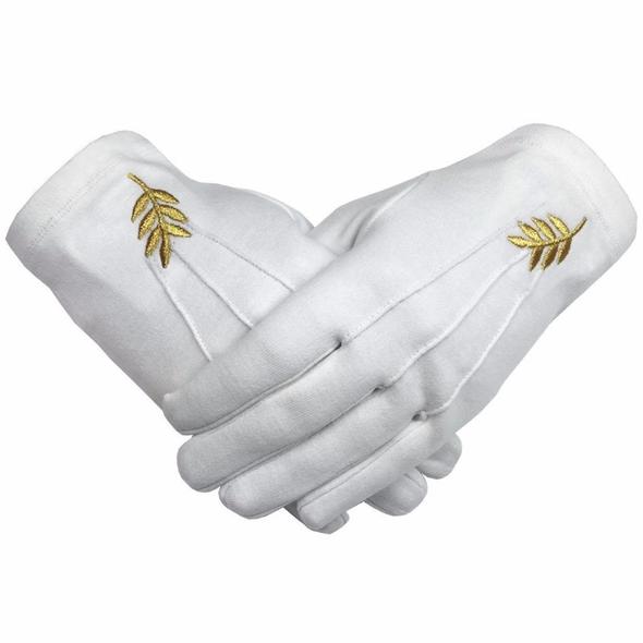 Masonic Acacia Leaf Machine Embroidery White Cotton Gloves (2 Pairs) | Regalia Lodge