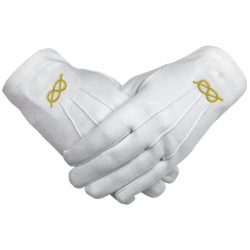Masonic Gold knot Machine Embroidery White Cotton Gloves (2 Pairs) | Regalia Lodge
