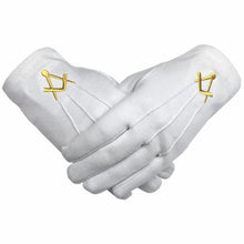 Charger l&#39;image dans la galerie, Masonic Cotton Glove with Golden Embroidery Square and Compass (2 Pairs) | Regalia Lodge
