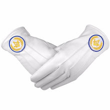 Load image into Gallery viewer, Masonic White Soft Leather Gloves Square Compass &amp; G Yellow Blue | Regalia Lodge