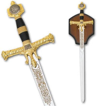 Load image into Gallery viewer, 47&quot; Medieval King Solomon Crusader Sword with Display Plasque King Solomon Sword  | Regalia Lodge  |  antique masonic knights templar sword  |  Golden Masonic Sword  |  Masonic Sword for sale  |  Square Compass Pyramid Masonic Sword  |  Medieval Knight Templar Swords  | Masonic Swords and Daggers for Sale  |  Ceremonial Masonic Knights Templar | masonic knights templar ceremonial sword | antique masonic sword |  knights templar regalia for sale