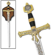 Load image into Gallery viewer, 47&quot; Medieval King Solomon Crusader Sword with Display Plasque King Solomon Sword  | Regalia Lodge  |  antique masonic knights templar sword  |  Golden Masonic Sword  |  Masonic Sword for sale  |  Square Compass Pyramid Masonic Sword  |  Medieval Knight Templar Swords  | Masonic Swords and Daggers for Sale  |  Ceremonial Masonic Knights Templar | masonic knights templar ceremonial sword | antique masonic sword |  knights templar regalia for sale