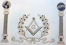 Load image into Gallery viewer, Navy Blue Apron Master Mason Square G &amp; Pillars Freemasons Silver Fringe | Regalia Lodge