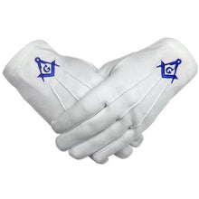 Load image into Gallery viewer, Masonic Cotton Gloves Blue Square and Compass G Machine Embroidery (2 Pairs) | Regalia Lodge