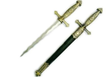 Square Compass Brass Masonic Sword Knife Snake Flaming Blade / Black Scabbard 15.5