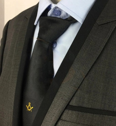 Masonic Regalia Masons Black Silk Tie with Gold embroidered Square Compass Logo | Regalia Lodge